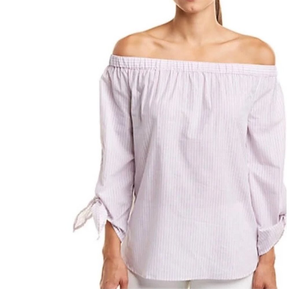 NEW Beachlunchlounge Women L Blouse Paige Bubblegum pink micro stripe